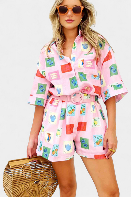 Mariluz | Conjunto de Camisa y Shorts con Estampado Rosa