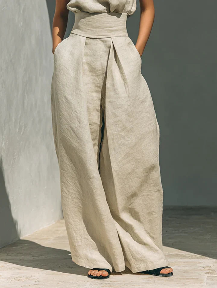 Flor | Conjunto minimalista de blusa sin mangas y pantalón de pernera ancha en algodón y lino para mujer