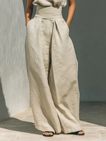 Flor | Conjunto minimalista de blusa sin mangas y pantalón de pernera ancha en algodón y lino para mujer