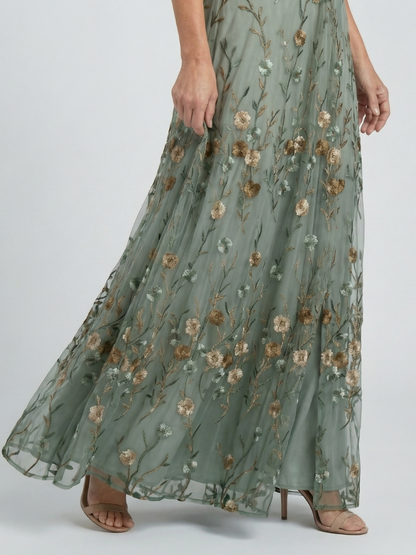 Bianca-Kelly | Vestido Maxi Halter Floral en Verde Salvia