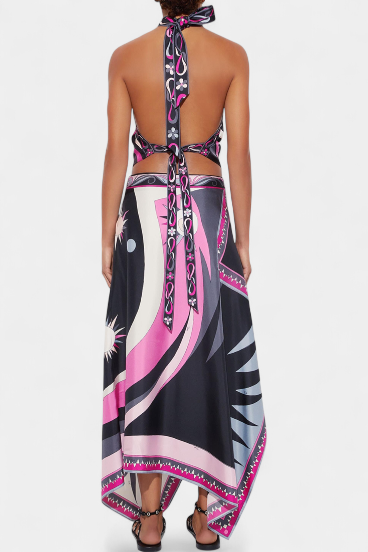 Ciana | Conjunto Satén con Falda Abstracta y Top Halter