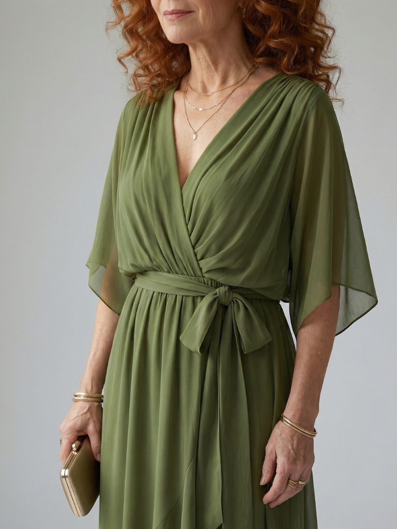 Petrona | Vestido Midi Drapeado con Cinturón y Manga Codo