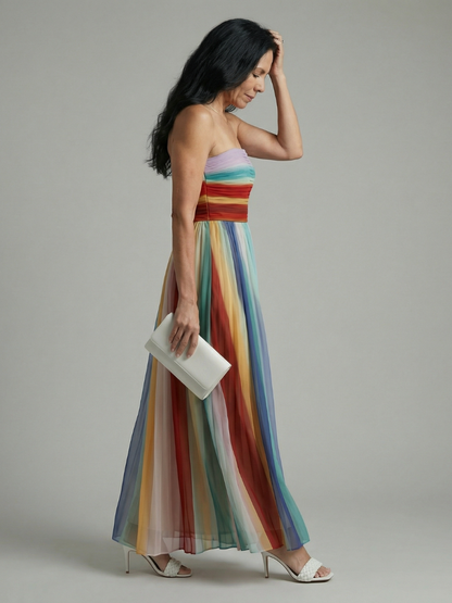 Serena | Vestido Maxi de Rayas Multicolor sin Tirantes