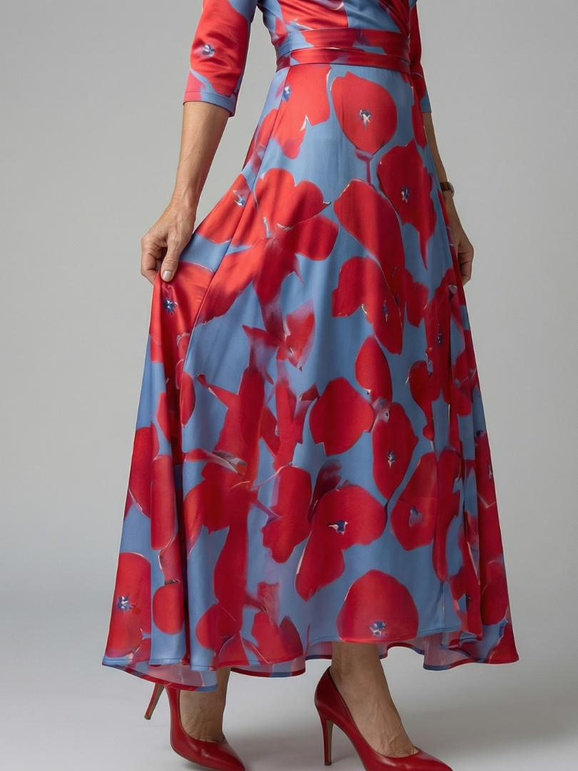 Trini | Vestido Midi Floral con Escote Cruzado y Manga Tres Cuartos