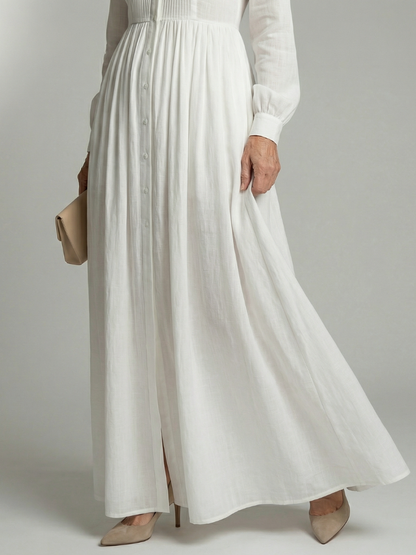 Lorena | Vestido Maxi Blanco de Manga Larga con Botones y Bolsillos