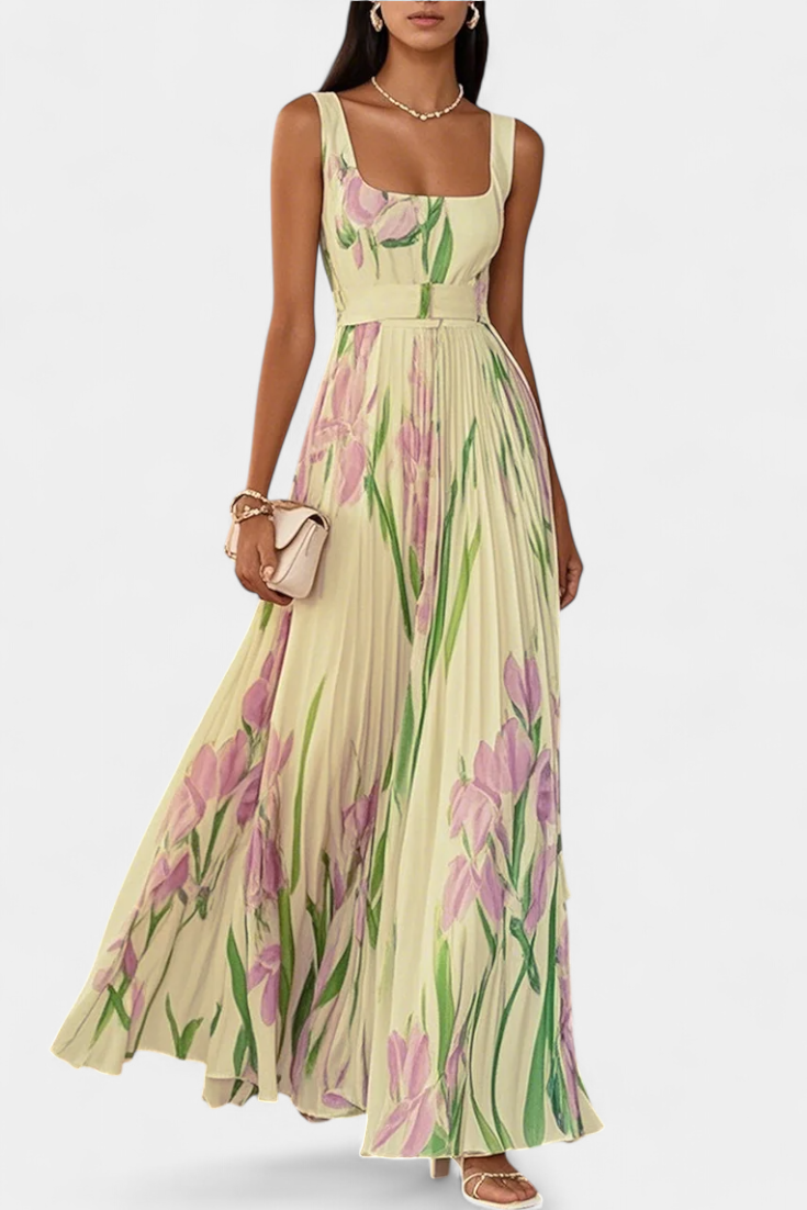 Calanthe | Vestido Largo Plisado con Estampado Floral y Escote Cuadrado