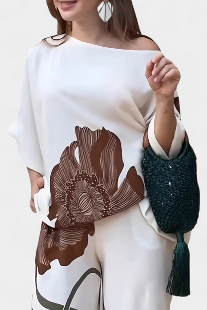 Rita-Bruna | Conjunto Floral de Dos Piezas con Hombro Descubierto y Pantalón Recto