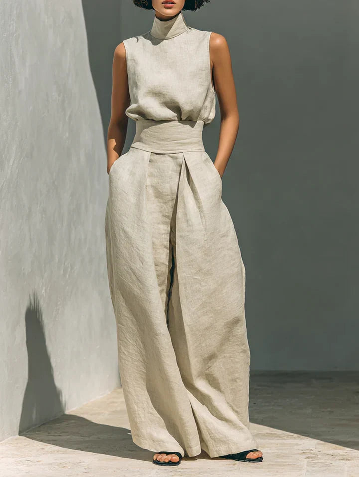 Flor | Conjunto minimalista de blusa sin mangas y pantalón de pernera ancha en algodón y lino para mujer