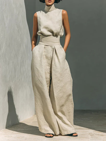 Flor | Conjunto minimalista de blusa sin mangas y pantalón de pernera ancha en algodón y lino para mujer