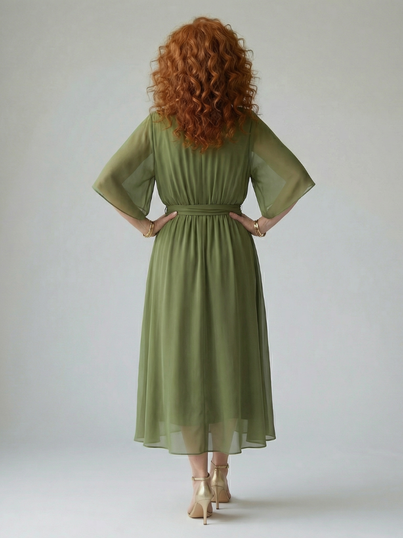 Petrona | Vestido Midi Drapeado con Cinturón y Manga Codo