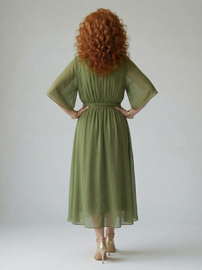 Petrona | Vestido Midi Drapeado con Cinturón y Manga Codo
