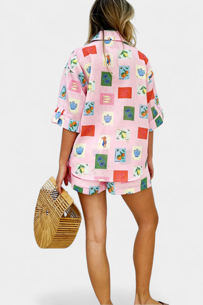 Mariluz | Conjunto de Camisa y Shorts con Estampado Rosa