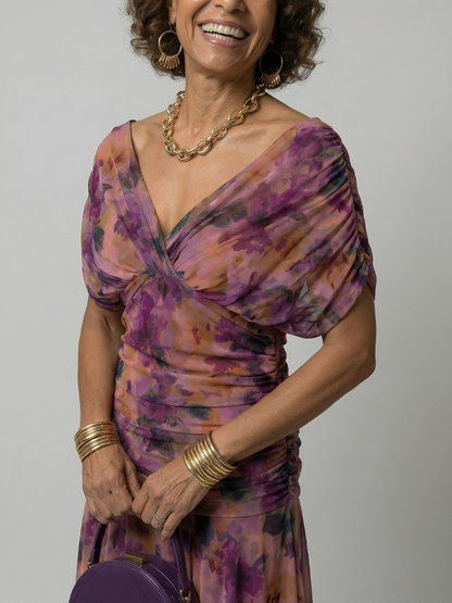 Calena | Vestido Midi Off-Shoulder con Escote Drapeado