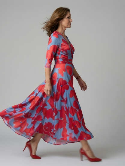 Trini | Vestido Midi Floral con Escote Cruzado y Manga Tres Cuartos