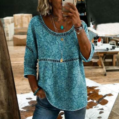 Yolanda | Blusa Vintage Turquesa con Detalle Étnico en la Cintura