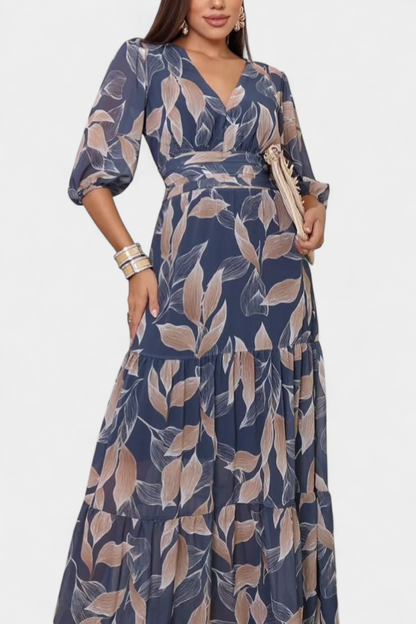 Aísha | Vestido Largo Floral con Corte Fluido y Motivo de Hojas