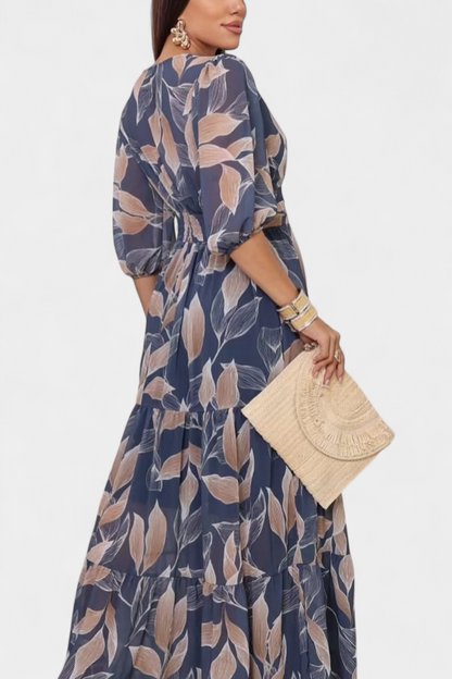 Aísha | Vestido Largo Floral con Corte Fluido y Motivo de Hojas