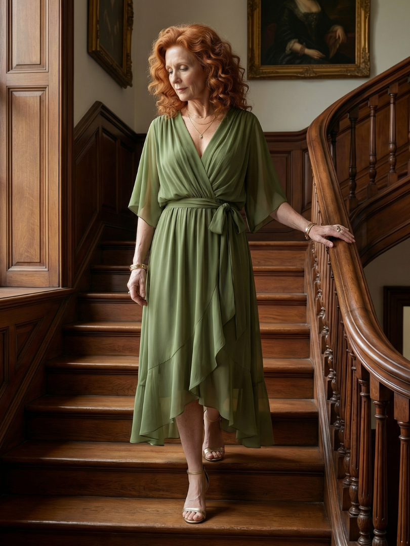 Petrona | Vestido Midi Drapeado con Cinturón y Manga Codo