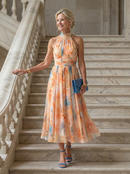 Elina | Vestido Midi Halter con Detalle Fruncido