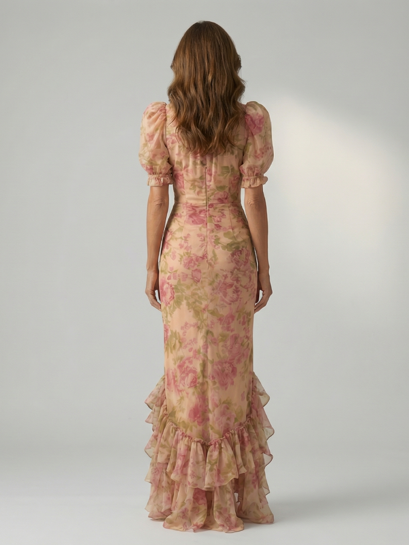 Viviana | Vestido Maxi Floral con Cuello Alto y Manga Abullonada