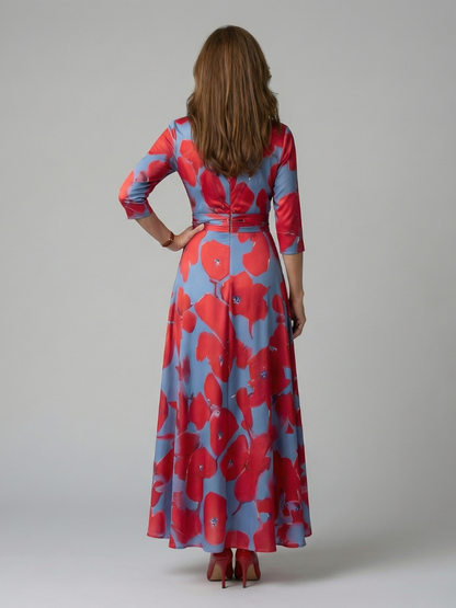 Trini | Vestido Midi Floral con Escote Cruzado y Manga Tres Cuartos