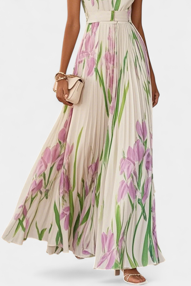 Calanthe | Vestido Largo Plisado con Estampado Floral y Escote Cuadrado