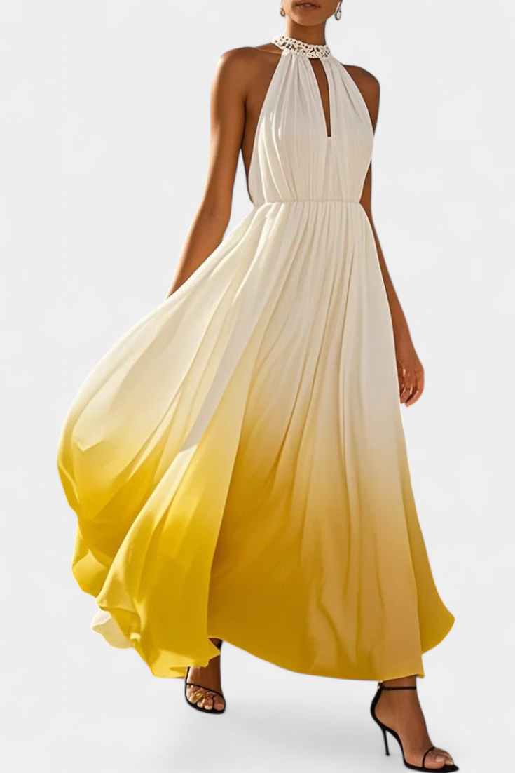 Starla | Vestido Maxi Halter Plisado con Detalles de Perlas