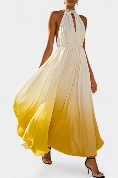 Starla | Vestido Maxi Halter Plisado con Detalles de Perlas
