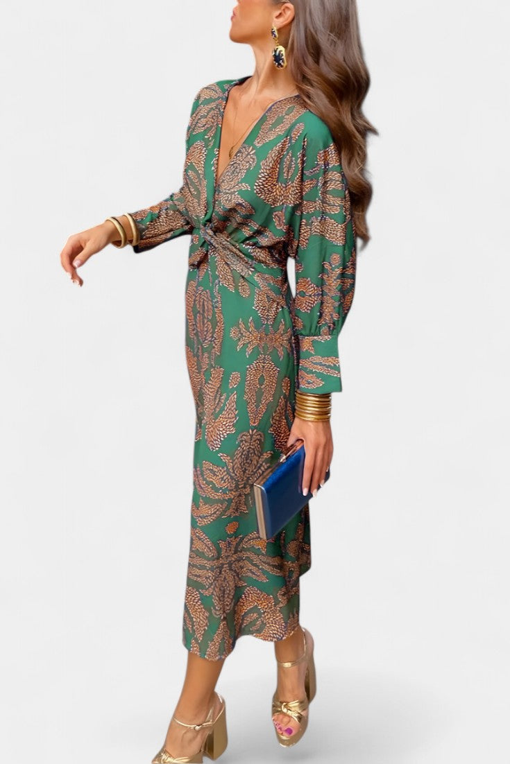 Elara | Vestido Maxi con Escote en V y Nudo Frontal
