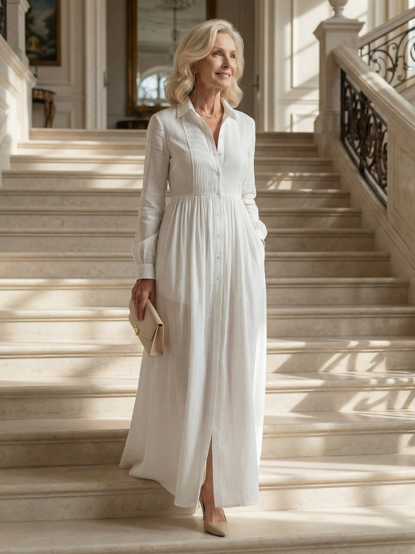 Lorena | Vestido Maxi Blanco de Manga Larga con Botones y Bolsillos
