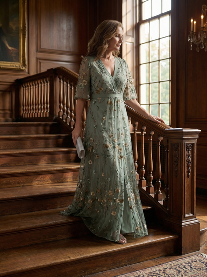 Bianca-Kelly | Vestido Maxi Halter Floral en Verde Salvia