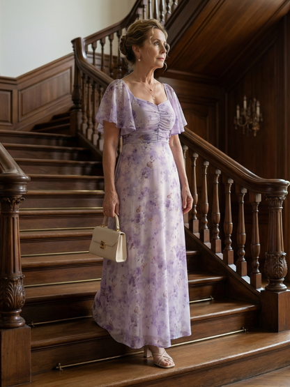 Valentía | Vestido Largo Floral con Manga Mariposa y Escote Cuadrado