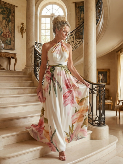 Amiela | Vestido Maxi Halter con Estampado Floral Grande