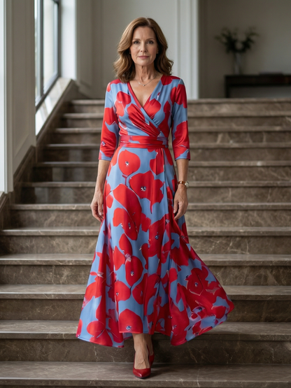 Trini | Vestido Midi Floral con Escote Cruzado y Manga Tres Cuartos