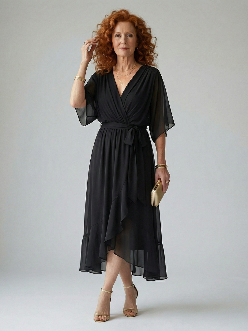 Petrona | Vestido Midi Drapeado con Cinturón y Manga Codo
