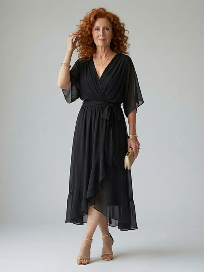 Petrona | Vestido Midi Drapeado con Cinturón y Manga Codo