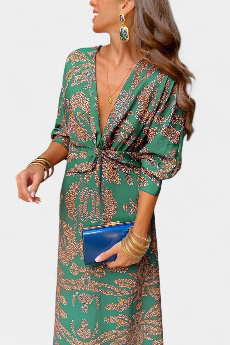 Elara | Vestido Maxi con Escote en V y Nudo Frontal