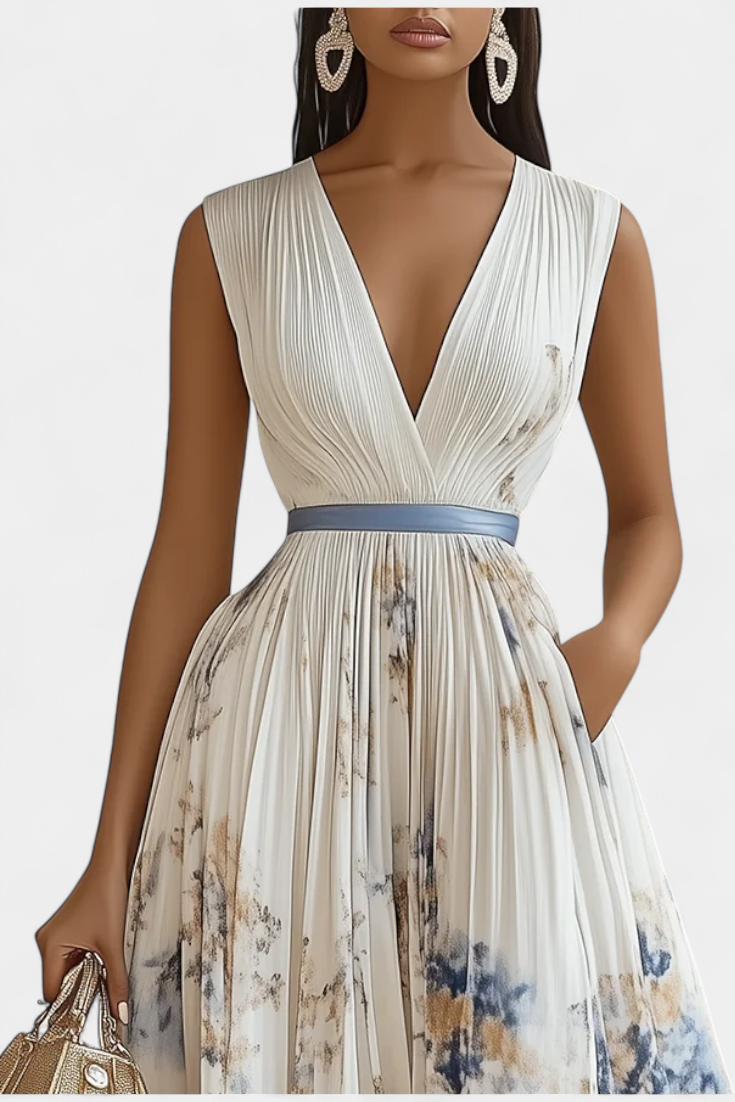 Elise | Vestido Midi Sin Mangas con Estampado Floral y Plisado