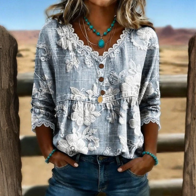 Consuela | Blusa Floral Vintage con Detalle de Encaje