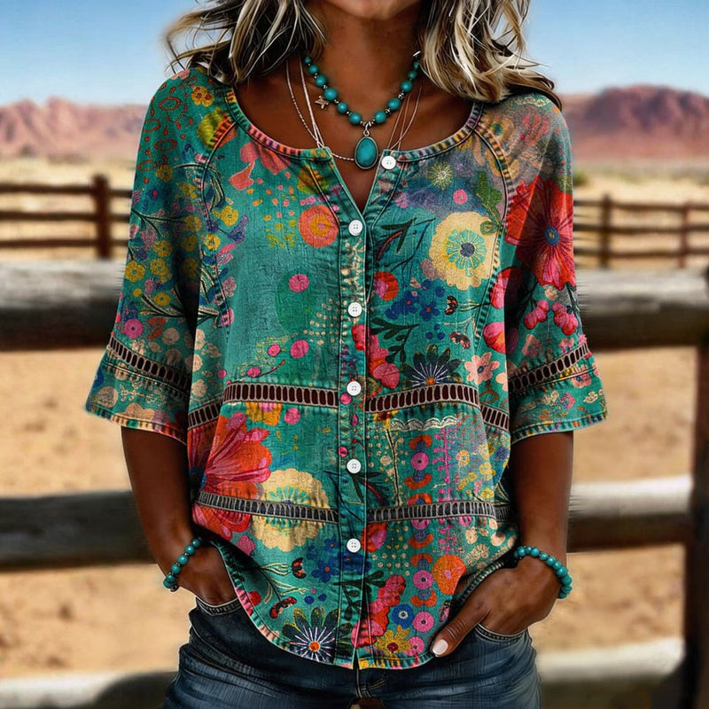 Milagros | Camisa Vintage Floral Multicolor de Manga Tres Cuartos