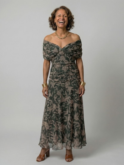 Calena | Vestido Midi Off-Shoulder con Escote Drapeado