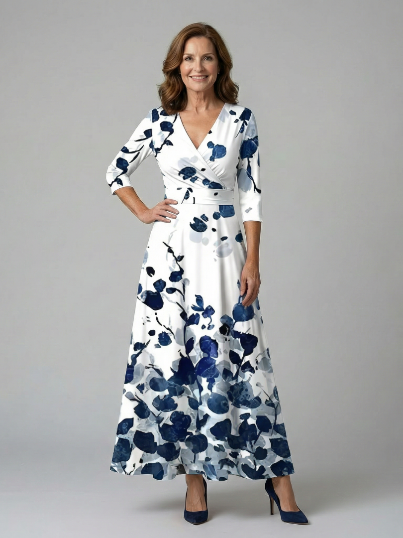 Trini | Vestido Midi Floral con Escote Cruzado y Manga Tres Cuartos