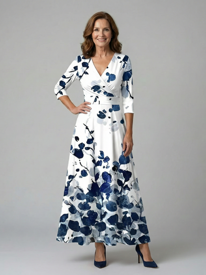 Trini | Vestido Midi Floral con Escote Cruzado y Manga Tres Cuartos