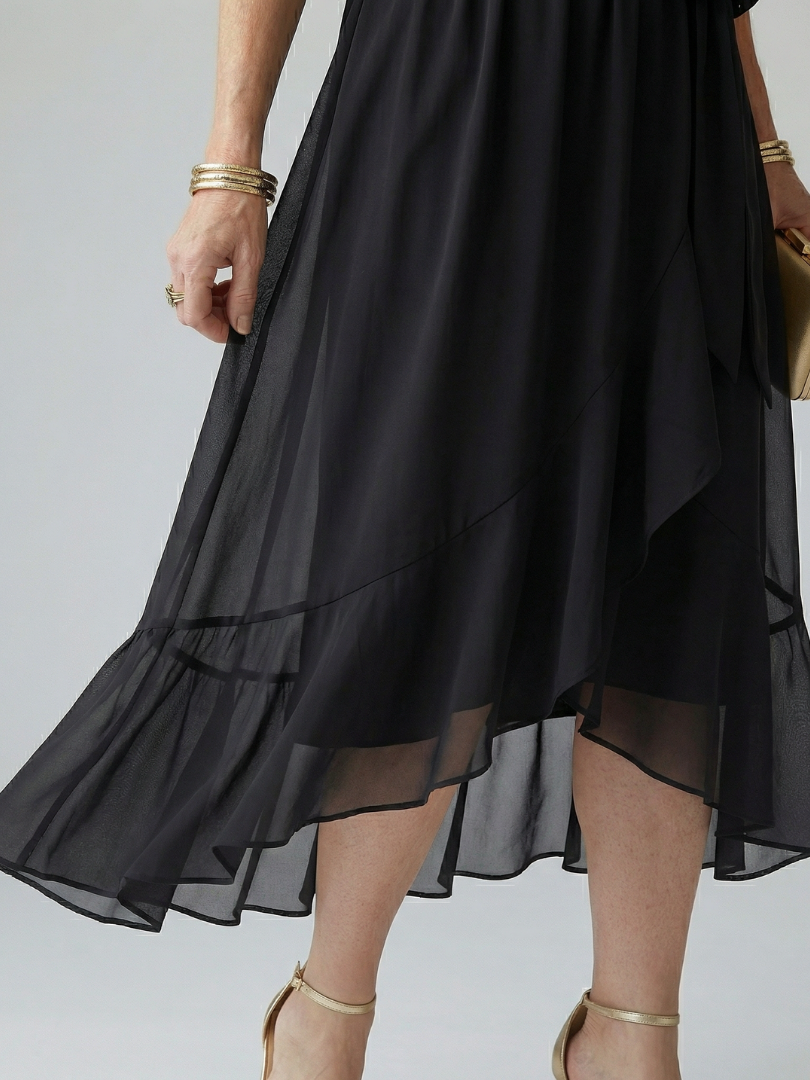 Petrona | Vestido Midi Drapeado con Cinturón y Manga Codo