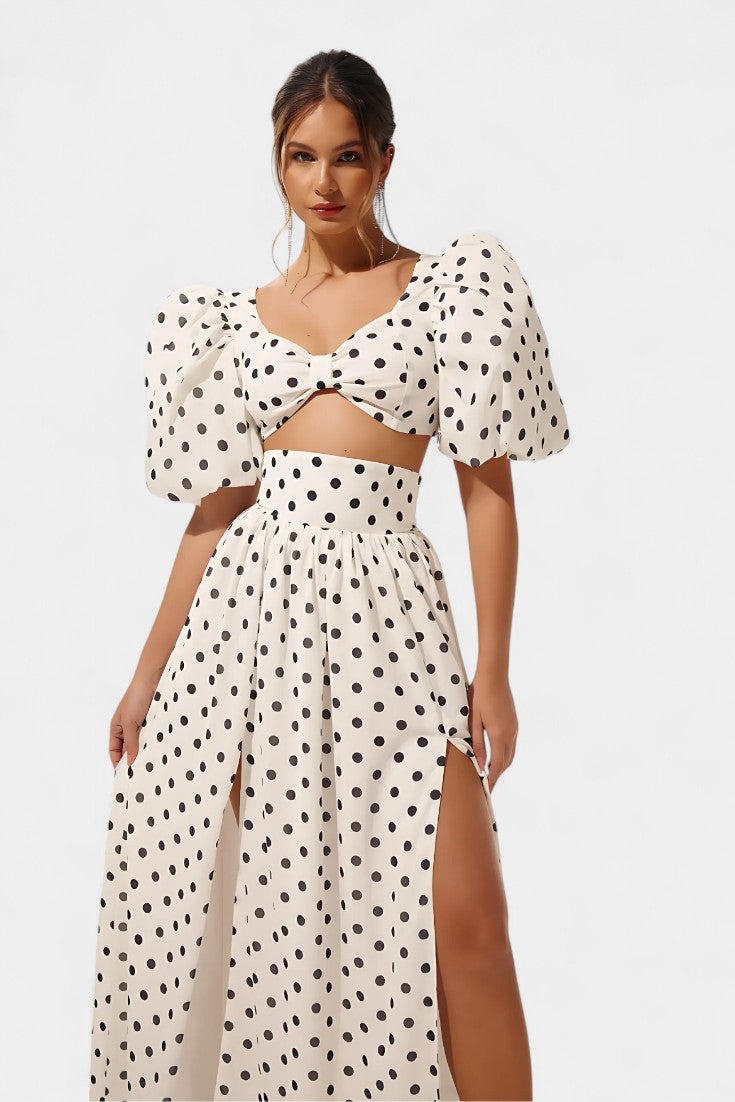 Sherine | Conjunto de Falda y Top de Lunares con Mangas Abullonadas