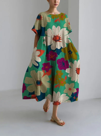 Visitación | Vestido Amplio Floral Verde Salvia