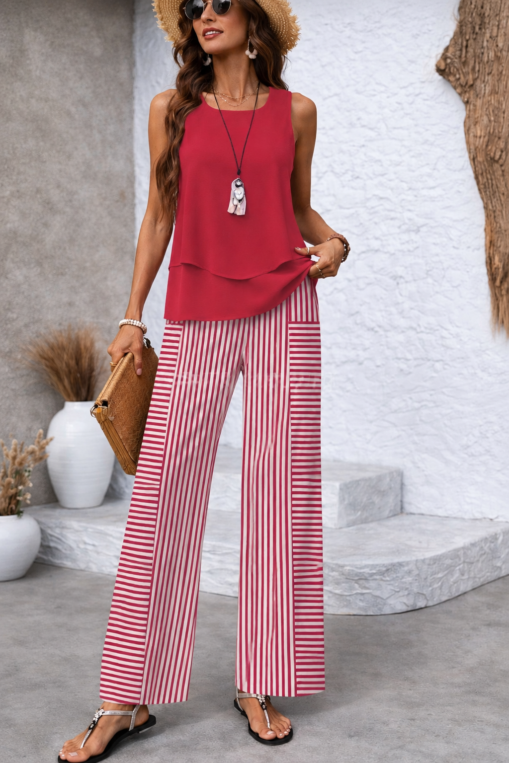 Eva-Soraia | Conjunto Rosa Top Liso y Pantalón Rayas