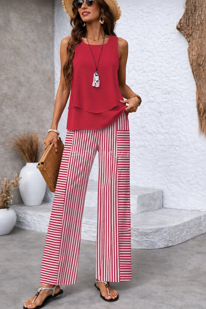Eva-Soraia | Conjunto Rosa Top Liso y Pantalón Rayas