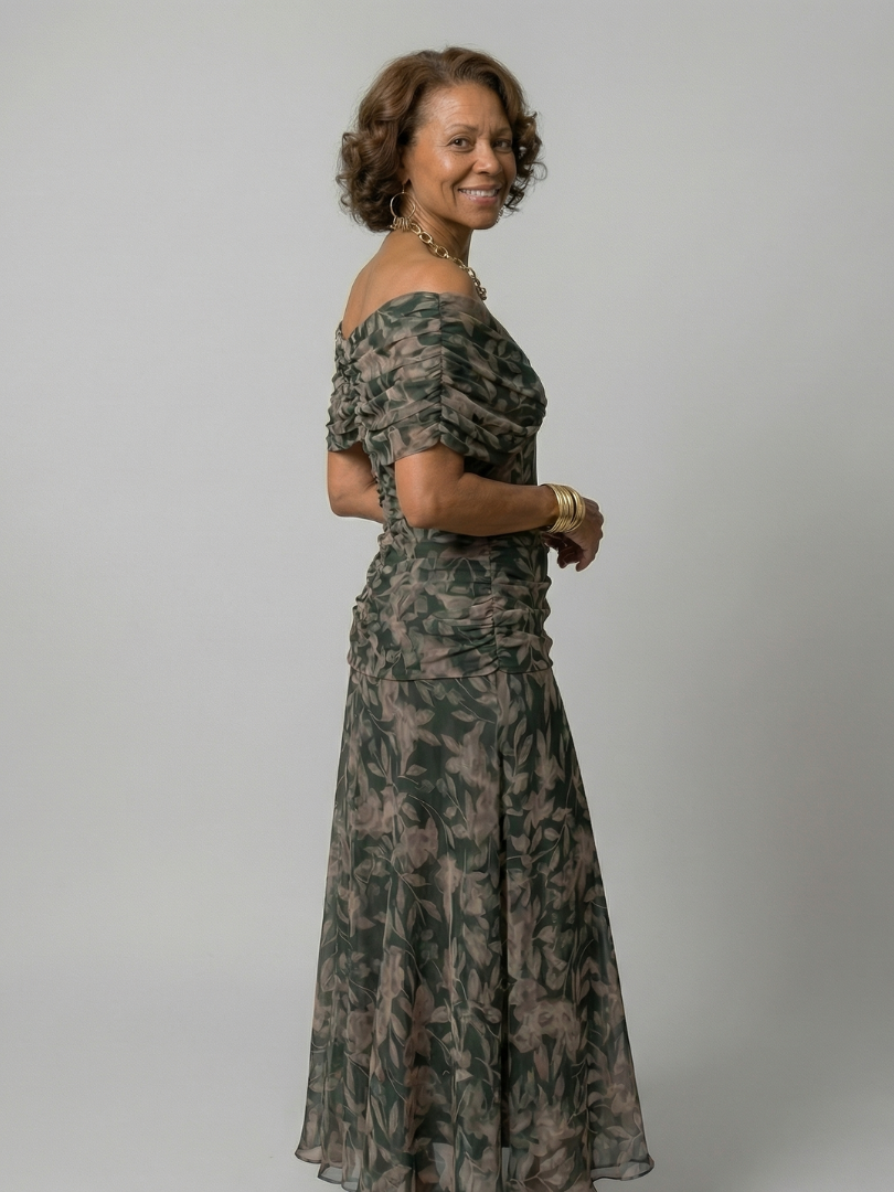 Calena | Vestido Midi Off-Shoulder con Escote Drapeado