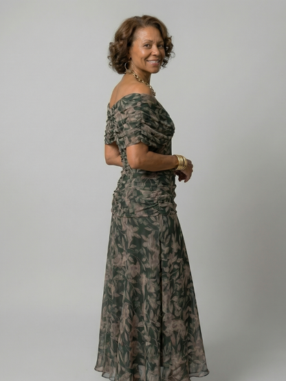Calena | Vestido Midi Off-Shoulder con Escote Drapeado